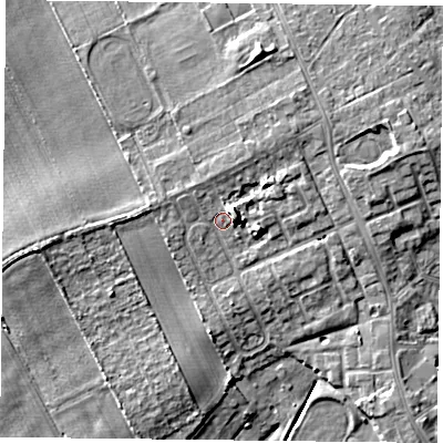 Shaded relief map of the ground around DN75PQ, computed from Environment Agency LiDAR. The ground here sits at about 7 m above sea level and falls 9 m across the surrounding 800 m. Surface water reaching this point runs off ground lying to the east-north-east, 3.6 m higher.
