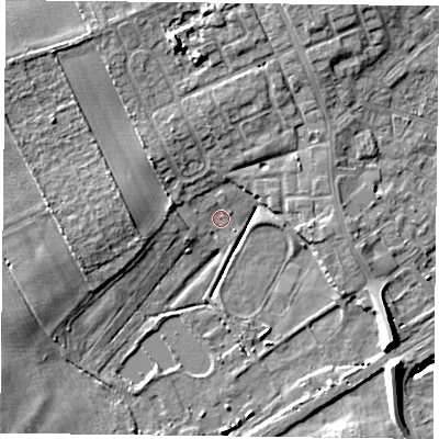 Shaded relief map of the ground around DN75PS, computed from Environment Agency LiDAR. The ground here sits at about 3 m above sea level and falls 9 m across the surrounding 800 m. Surface water reaching this point runs off ground lying to the north-north-west, 7.4 m higher.