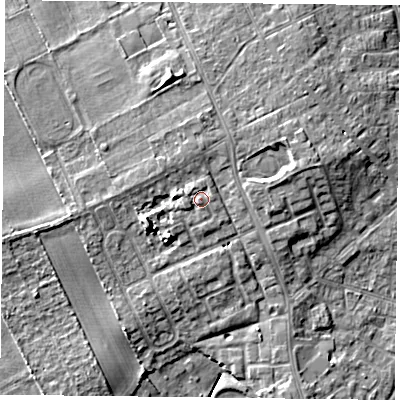 Shaded relief map of the ground around DN75PT, computed from Environment Agency LiDAR. The ground here sits at about 8 m above sea level and falls 9 m across the surrounding 800 m. Surface water reaching this point runs off ground lying to the north-west, 1.1 m higher.