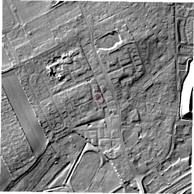 Shaded relief map of the ground around DN75PU, computed from Environment Agency LiDAR. The ground here sits at about 6 m above sea level and falls 12 m across the surrounding 800 m. Surface water reaching this point runs off ground lying to the north-north-east, 2.0 m higher.