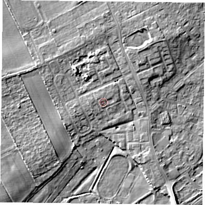Shaded relief map of the ground around DN75PX, computed from Environment Agency LiDAR. The ground here sits at about 6 m above sea level and falls 9 m across the surrounding 800 m. Surface water reaching this point runs off ground lying to the north-east, 1.2 m higher.