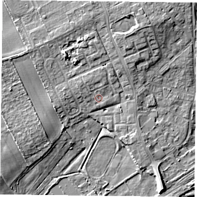 Shaded relief map of the ground around DN75PY, computed from Environment Agency LiDAR. The ground here sits at about 5 m above sea level and falls 9 m across the surrounding 800 m. Surface water reaching this point runs off ground lying to the north, 2.2 m higher.