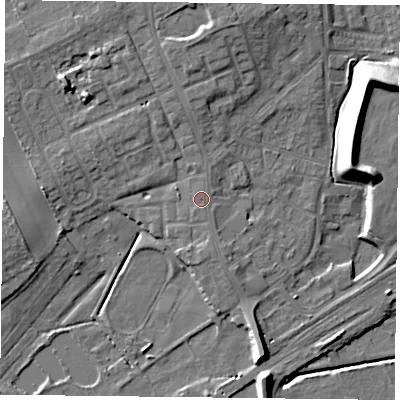 Shaded relief map of the ground around DN75QA, computed from Environment Agency LiDAR. The ground here sits at about 6 m above sea level and falls 13 m across the surrounding 800 m. The ground contributing surface water to this point lies to the south-south-east.