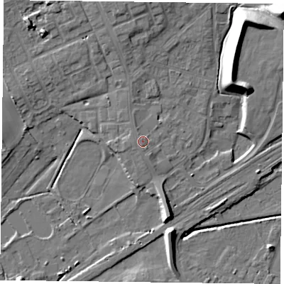 Shaded relief map of the ground around DN75QB, computed from Environment Agency LiDAR. The ground here sits at about 6 m above sea level and falls 14 m across the surrounding 800 m. The ground contributing surface water to this point lies to the north-west.