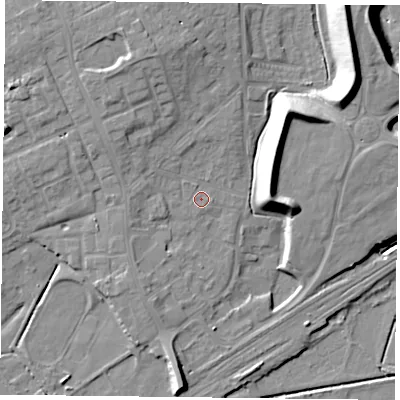 Shaded relief map of the ground around DN75QH, computed from Environment Agency LiDAR. The ground here sits at about 5 m above sea level and falls 16 m across the surrounding 800 m. Surface water reaching this point runs off ground lying to the west-north-west, 1.3 m higher.