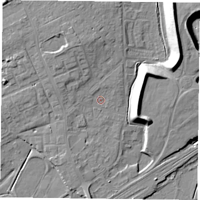 Shaded relief map of the ground around DN75QJ, computed from Environment Agency LiDAR. The ground here sits at about 5 m above sea level and falls 16 m across the surrounding 800 m. Surface water reaching this point runs off ground lying to the north-west, 2.8 m higher.