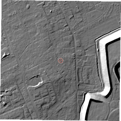 Shaded relief map of the ground around DN75QU, computed from Environment Agency LiDAR. The ground here sits at about 7 m above sea level and falls 15 m across the surrounding 800 m. Surface water reaching this point runs off ground lying to the west, 0.9 m higher.