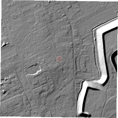 Shaded relief map of the ground around DN75QW, computed from Environment Agency LiDAR. The ground here sits at about 8 m above sea level and falls 15 m across the surrounding 800 m. Surface water reaching this point runs off ground lying to the south-west, 3.1 m higher.