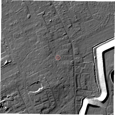 Shaded relief map of the ground around DN75QX, computed from Environment Agency LiDAR. The ground here sits at about 7 m above sea level and falls 15 m across the surrounding 800 m. Surface water reaching this point runs off ground lying to the west-south-west, 1.9 m higher.