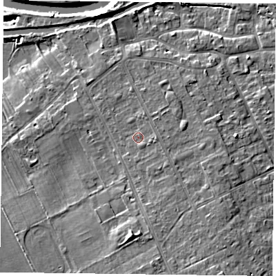 Shaded relief map of the ground around DN75RF, computed from Environment Agency LiDAR. The ground here sits at about 7 m above sea level and falls 8 m across the surrounding 800 m. Surface water reaching this point runs off ground lying to the east, 1.1 m higher.