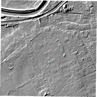 Shaded relief map of the ground around DN75RG, computed from Environment Agency LiDAR. The ground here sits at about 7 m above sea level and falls 8 m across the surrounding 800 m. Surface water reaching this point runs off ground lying to the south-east, 0.9 m higher.