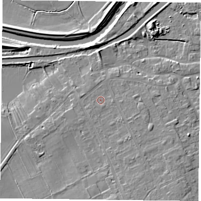 Shaded relief map of the ground around DN75RH, computed from Environment Agency LiDAR. The ground here sits at about 7 m above sea level and falls 7 m across the surrounding 800 m. The ground contributing surface water to this point lies to the south-south-west.