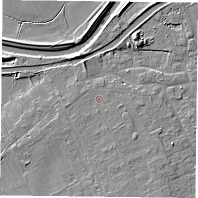 Shaded relief map of the ground around DN75RJ, computed from Environment Agency LiDAR. The ground here sits at about 6 m above sea level and falls 7 m across the surrounding 800 m. Surface water reaching this point runs off ground lying to the south-south-east, 1.4 m higher.
