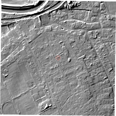 Shaded relief map of the ground around DN75RN, computed from Environment Agency LiDAR. The ground here sits at about 7 m above sea level and falls 8 m across the surrounding 800 m. Surface water reaching this point runs off ground lying to the south-east, 0.6 m higher.