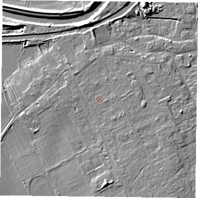 Shaded relief map of the ground around DN75RQ, computed from Environment Agency LiDAR. The ground here sits at about 7 m above sea level and falls 8 m across the surrounding 800 m. Surface water reaching this point runs off ground lying to the east, 1.0 m higher.