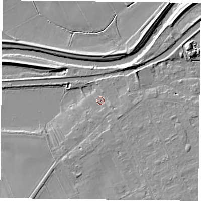 Shaded relief map of the ground around DN75SA, computed from Environment Agency LiDAR. The ground here sits at about 5 m above sea level and falls 7 m across the surrounding 800 m. Surface water reaching this point runs off ground lying to the south-east, 2.3 m higher.
