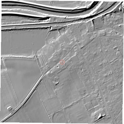 Shaded relief map of the ground around DN75SB, computed from Environment Agency LiDAR. The ground here sits at about 6 m above sea level and falls 8 m across the surrounding 800 m. Surface water reaching this point runs off ground lying to the north-east, 1.6 m higher.