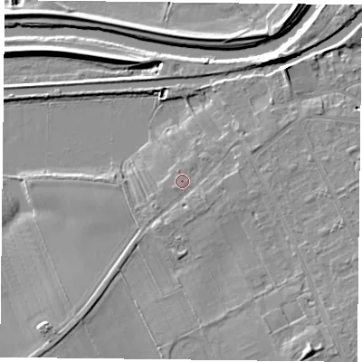 Shaded relief map of the ground around DN75SE, computed from Environment Agency LiDAR. The ground here sits at about 6 m above sea level and falls 8 m across the surrounding 800 m. Surface water reaching this point runs off ground lying to the east-north-east, 1.7 m higher.
