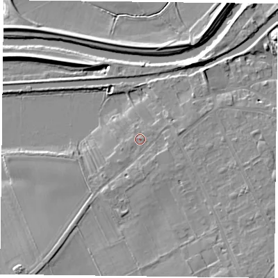 Shaded relief map of the ground around DN75SF, computed from Environment Agency LiDAR. The ground here sits at about 6 m above sea level and falls 7 m across the surrounding 800 m. Surface water reaching this point runs off ground lying to the east-south-east, 0.7 m higher.