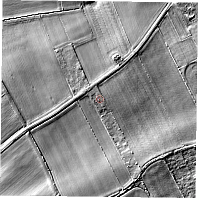 Shaded relief map of the ground around DN75SG, computed from Environment Agency LiDAR. The ground here sits at about 7 m above sea level and falls 6 m across the surrounding 800 m. Surface water reaching this point runs off ground lying to the north-west, 0.8 m higher.