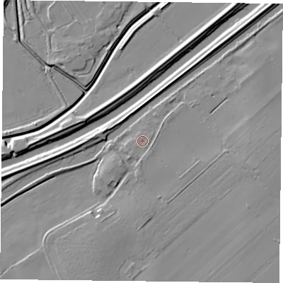 Shaded relief map of the ground around DN75SJ, computed from Environment Agency LiDAR. The ground here sits at about 6 m above sea level and falls 7 m across the surrounding 800 m. Surface water reaching this point runs off ground lying to the south, 1.3 m higher.