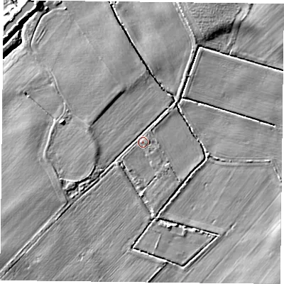 Shaded relief map of the ground around DN75SL, computed from Environment Agency LiDAR. The ground here sits at about 5 m above sea level and falls 6 m across the surrounding 800 m. The ground contributing surface water to this point lies to the south-east.