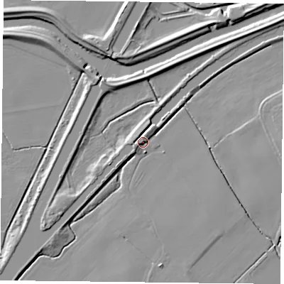 Shaded relief map of the ground around DN75SN, computed from Environment Agency LiDAR. The ground here sits at about 7 m above sea level and falls 7 m across the surrounding 800 m. Surface water reaching this point runs off ground lying to the west, 2.8 m higher.