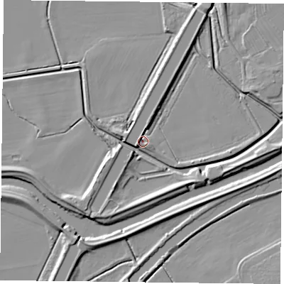 Shaded relief map of the ground around DN75SP, computed from Environment Agency LiDAR. The ground here sits at about 5 m above sea level and falls 7 m across the surrounding 800 m. Surface water reaching this point runs off ground lying to the south-east, 6.4 m higher.