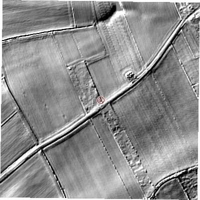 Shaded relief map of the ground around DN75SQ, computed from Environment Agency LiDAR. The ground here sits at about 7 m above sea level and falls 5 m across the surrounding 800 m. Surface water reaching this point runs off ground lying to the south, 1.1 m higher.