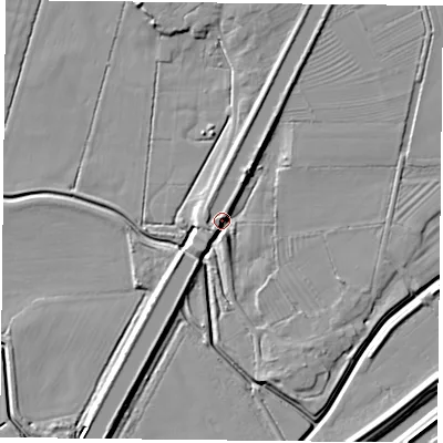 Shaded relief map of the ground around DN75SR, computed from Environment Agency LiDAR. The ground here sits at about 6 m above sea level and falls 6 m across the surrounding 800 m. Surface water reaching this point runs off ground lying to the north-north-east, 4.8 m higher.