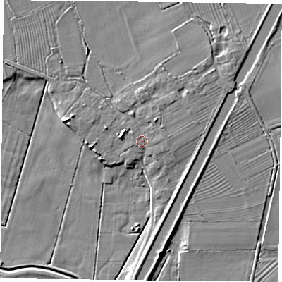 Shaded relief map of the ground around DN75SS, computed from Environment Agency LiDAR. The ground here sits at about 6 m above sea level and falls 7 m across the surrounding 800 m. Surface water reaching this point runs off ground lying to the north-north-east, 3.0 m higher.