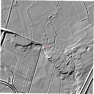 Shaded relief map of the ground around DN75ST, computed from Environment Agency LiDAR. The ground here sits at about 6 m above sea level and falls 10 m across the surrounding 800 m. Surface water reaching this point runs off ground lying to the east, 2.7 m higher.