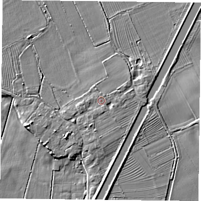 Shaded relief map of the ground around DN75SU, computed from Environment Agency LiDAR. The ground here sits at about 7 m above sea level and falls 7 m across the surrounding 800 m. Surface water reaching this point runs off ground lying to the east-south-east, 1.5 m higher.