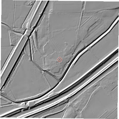 Shaded relief map of the ground around DN75SW, computed from Environment Agency LiDAR. The ground here sits at about 6 m above sea level and falls 6 m across the surrounding 800 m. Surface water reaching this point runs off ground lying to the south-south-west, 0.7 m higher.