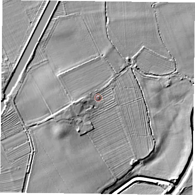 Shaded relief map of the ground around DN75SY, computed from Environment Agency LiDAR. The ground here sits at about 7 m above sea level and falls 7 m across the surrounding 800 m. Surface water reaching this point runs off ground lying to the west-south-west, 2.3 m higher.