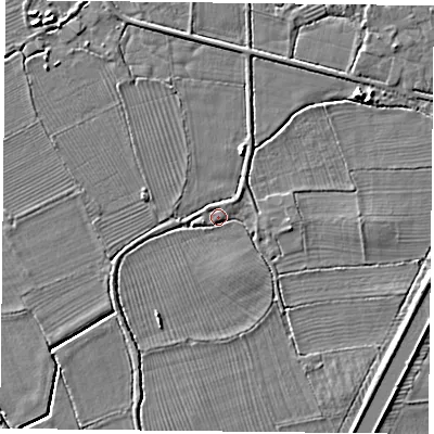 Shaded relief map of the ground around DN75SZ, computed from Environment Agency LiDAR. The ground here sits at about 6 m above sea level and falls 4 m across the surrounding 800 m. Surface water reaching this point runs off ground lying to the south-south-west, 1.9 m higher.