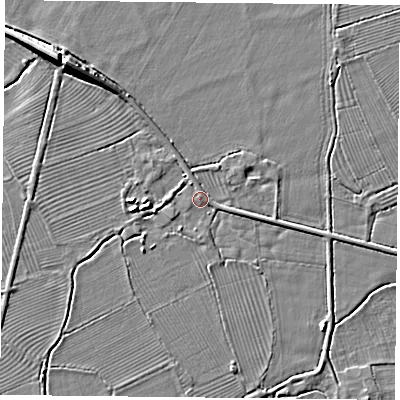 Shaded relief map of the ground around DN75TA, computed from Environment Agency LiDAR. The ground here sits at about 6 m above sea level and falls 8 m across the surrounding 800 m. Surface water reaching this point runs off ground lying to the south-east, 2.4 m higher.