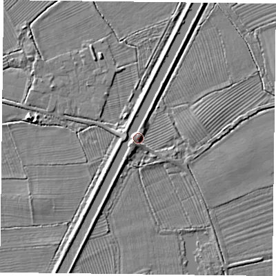Shaded relief map of the ground around DN75TE, computed from Environment Agency LiDAR. The ground here sits at about 7 m above sea level and falls 3 m across the surrounding 800 m. Surface water reaching this point runs off ground lying to the west, 1.4 m higher.
