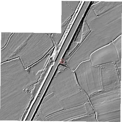 Shaded relief map of the ground around DN75TF, computed from Environment Agency LiDAR. The ground here sits at about 7 m above sea level and falls 4 m across the surrounding 800 m. Surface water reaching this point runs off ground lying to the south-south-west, 1.2 m higher.