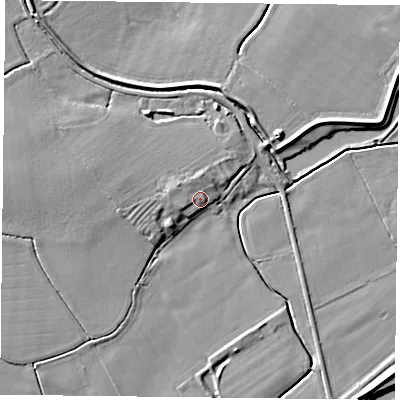 Shaded relief map of the ground around DN75TG, computed from Environment Agency LiDAR. The ground here sits at about 5 m above sea level and falls 7 m across the surrounding 800 m. Surface water reaching this point runs off ground lying to the west-north-west, 4.8 m higher.
