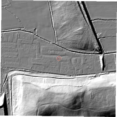Shaded relief map of the ground around DN75TP, computed from Environment Agency LiDAR. The ground here sits at about 4 m above sea level and falls 39 m across the surrounding 800 m. Surface water reaching this point runs off ground lying to the west, 1.3 m higher.