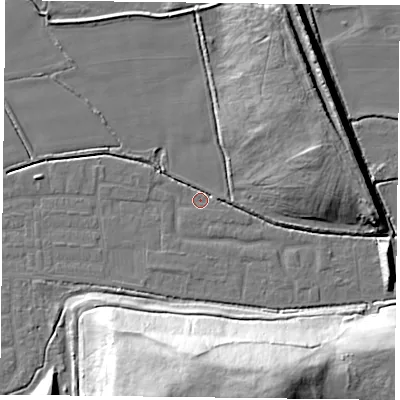 Shaded relief map of the ground around DN75TQ, computed from Environment Agency LiDAR. The ground here sits at about 3 m above sea level and falls 37 m across the surrounding 800 m. Surface water reaching this point runs off ground lying to the east-south-east, 0.6 m higher.