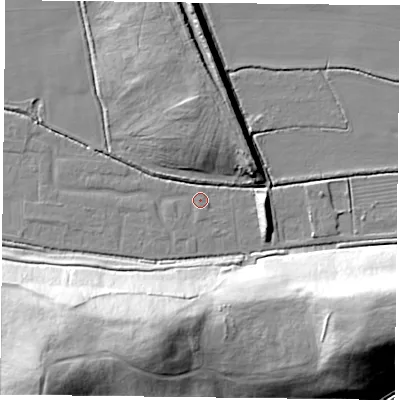 Shaded relief map of the ground around DN75TR, computed from Environment Agency LiDAR. The ground here sits at about 4 m above sea level and falls 39 m across the surrounding 800 m. Surface water reaching this point runs off ground lying to the west, 1.1 m higher.