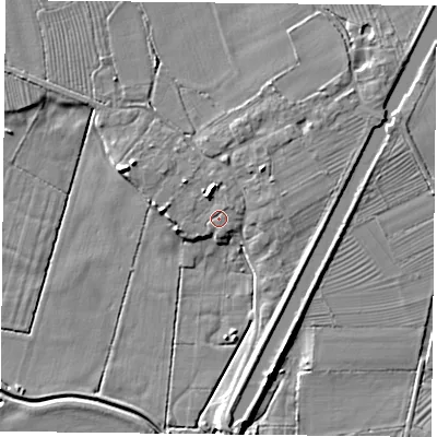 Shaded relief map of the ground around DN75TX, computed from Environment Agency LiDAR. The ground here sits at about 6 m above sea level and falls 7 m across the surrounding 800 m. Surface water reaching this point runs off ground lying to the north-north-west, 3.1 m higher.