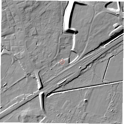 Shaded relief map of the ground around DN75TZ, computed from Environment Agency LiDAR. The ground here sits at about 4 m above sea level and falls 13 m across the surrounding 800 m. Surface water reaching this point runs off ground lying to the north-east, 8.7 m higher.