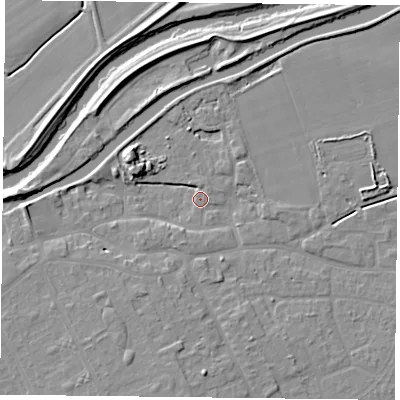 Shaded relief map of the ground around DN75WA, computed from Environment Agency LiDAR. The ground here sits at about 4 m above sea level and falls 8 m across the surrounding 800 m. Surface water reaching this point runs off ground lying to the south-west, 2.6 m higher.