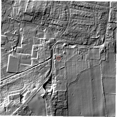 Shaded relief map of the ground around DN76AA, computed from Environment Agency LiDAR. The ground here sits at about 5 m above sea level and falls 11 m across the surrounding 800 m. Surface water reaching this point runs off ground lying to the west, 0.9 m higher.