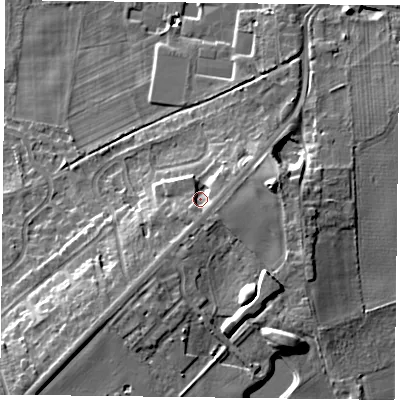 Shaded relief map of the ground around DN76AD, computed from Environment Agency LiDAR. The ground here sits at about 8 m above sea level and falls 13 m across the surrounding 800 m. Surface water reaching this point runs off ground lying to the south, 2.8 m higher.
