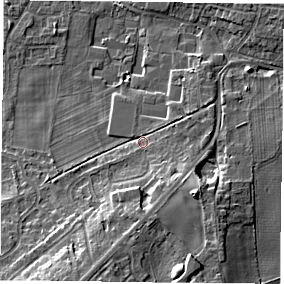 Shaded relief map of the ground around DN76AF, computed from Environment Agency LiDAR. The ground here sits at about 5 m above sea level and falls 12 m across the surrounding 800 m. Surface water reaching this point runs off ground lying to the south, 6.3 m higher.