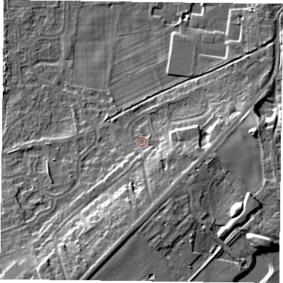 Shaded relief map of the ground around DN76AH, computed from Environment Agency LiDAR. The ground here sits at about 6 m above sea level and falls 13 m across the surrounding 800 m. Surface water reaching this point runs off ground lying to the south, 6.4 m higher.